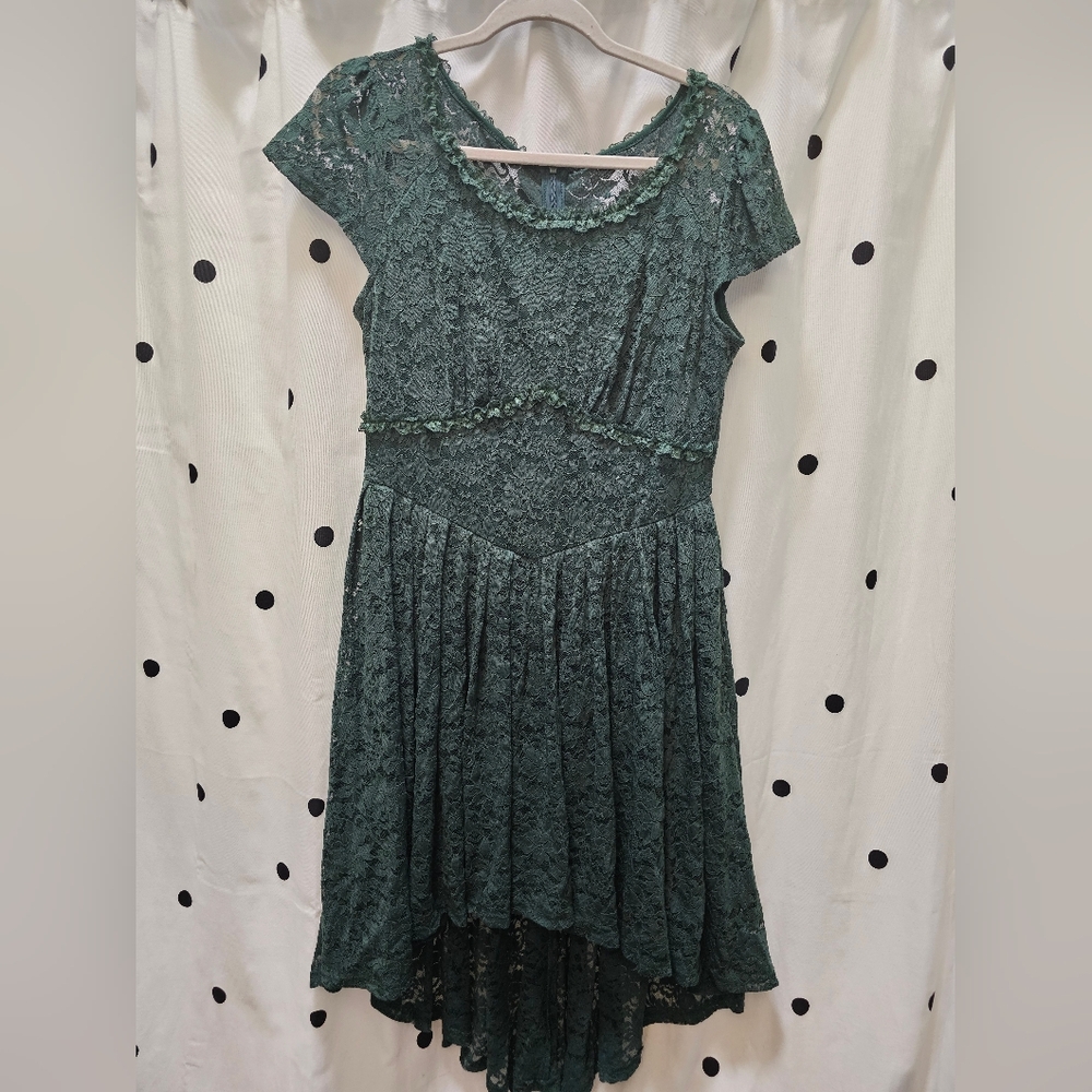 Scarlet Darkness green‎ lace high low dress short sleeve ruffle pleated Large
